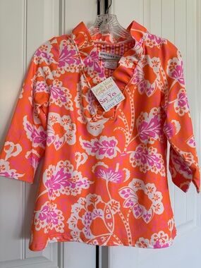 Gretchen Scott Orange, Pink & White Floral Ruffle V-Neck Top